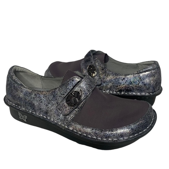 NWOT Alegria Comfort Dream Fit Neoprene Metallic Blue Gray Den-735 Slip On Clogs - Picture 2 of 16